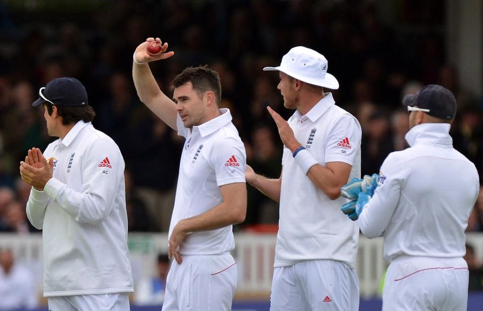 James Anderson holds the ball aloft after taking his 300th Test wicket (Anthony Devlin/PA) (PA Archive)