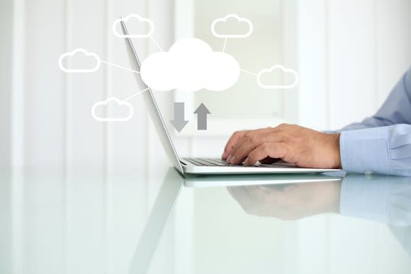 Man's hands typing on a laptop with arrows pointing to an image of cloud hovering over the keyboard.