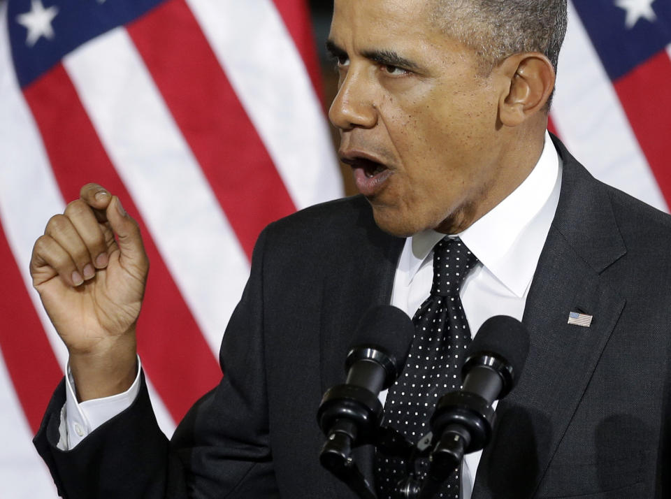 President Barack Obama speaks at the Union Depot in St. Paul, Minn., Wednesday, Feb. 26, 2104, where he announced a new competition encouraging investments for job creation and infrastructure as part of his "Year of Action." (AP Photo/Jim Mone)