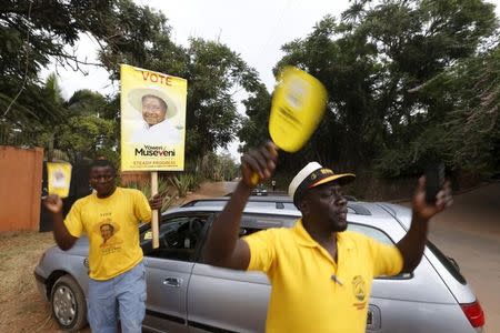 Supporters of Uganda's president Yoweri Museveni celebrate as the electoral commission declared Yoweri Museveni winner of the presidential election in the capital Kampala, February 20, 2016. REUTERS/James Akena