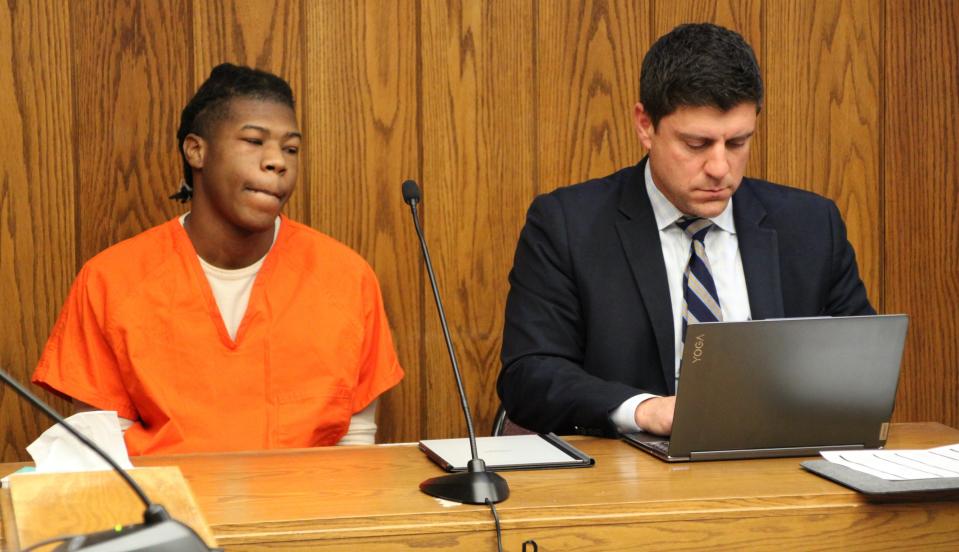 Marquis Adams, left, and his attorney Joel Spitzer await the start of a bond hearing on Friday, Feb. 3, 2023, in Marion County Common Pleas Court. Adams is accused of shooting and killing Jamear Douglas during an altercation on Aug. 20, 2022, that stemmed from an argument between the two over who was the "better rapper," according to authorities. Adams is being held without bond throughout the duration of his trial in Marion County Common Pleas Court.