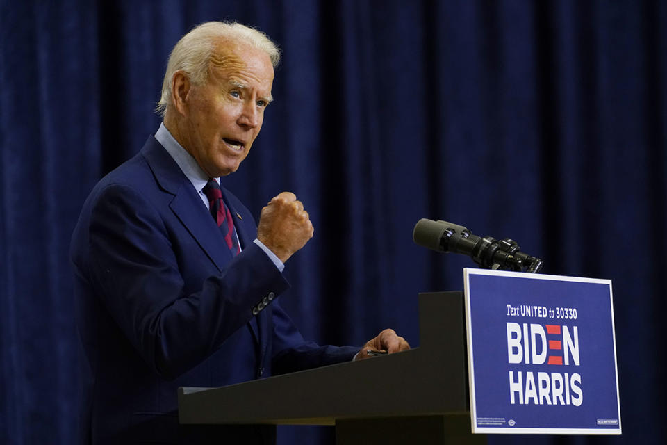 Democratic presidential candidate former Vice President Joe Biden speaks in Wilmington, Del., Friday Sept. 4, 2020. (AP Photo/Carolyn Kaster)


