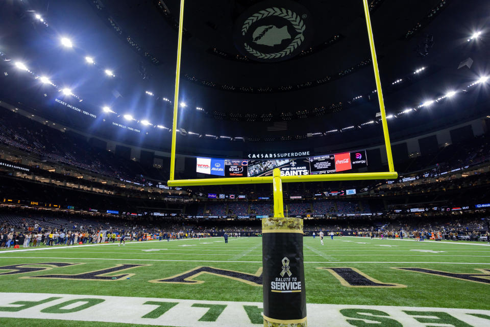 Nov 5, 2023; New Orleans, Louisiana, USA; A detailed view of the end zone with NFL Salute to service signage before the game between the New Orleans Saints and <a class="link " href="https://sports.yahoo.com/nfl/teams/chicago/" data-i13n="sec:content-canvas;subsec:anchor_text;elm:context_link" data-ylk="slk:the Chicago Bears;sec:content-canvas;subsec:anchor_text;elm:context_link;itc:0">the Chicago Bears</a> at the Caesars Superdome. Mandatory Credit: Stephen Lew-USA TODAY Sports