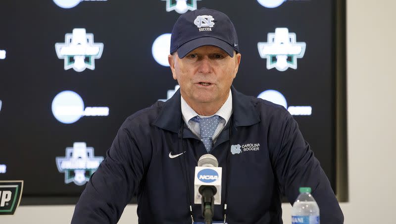 North Carolina coach Anson Dorrance speaks to the media following the team’s win over Florida State in an NCAA women’s soccer tournament semifinal in Cary, N.C., Friday, Dec. 2, 2022. 