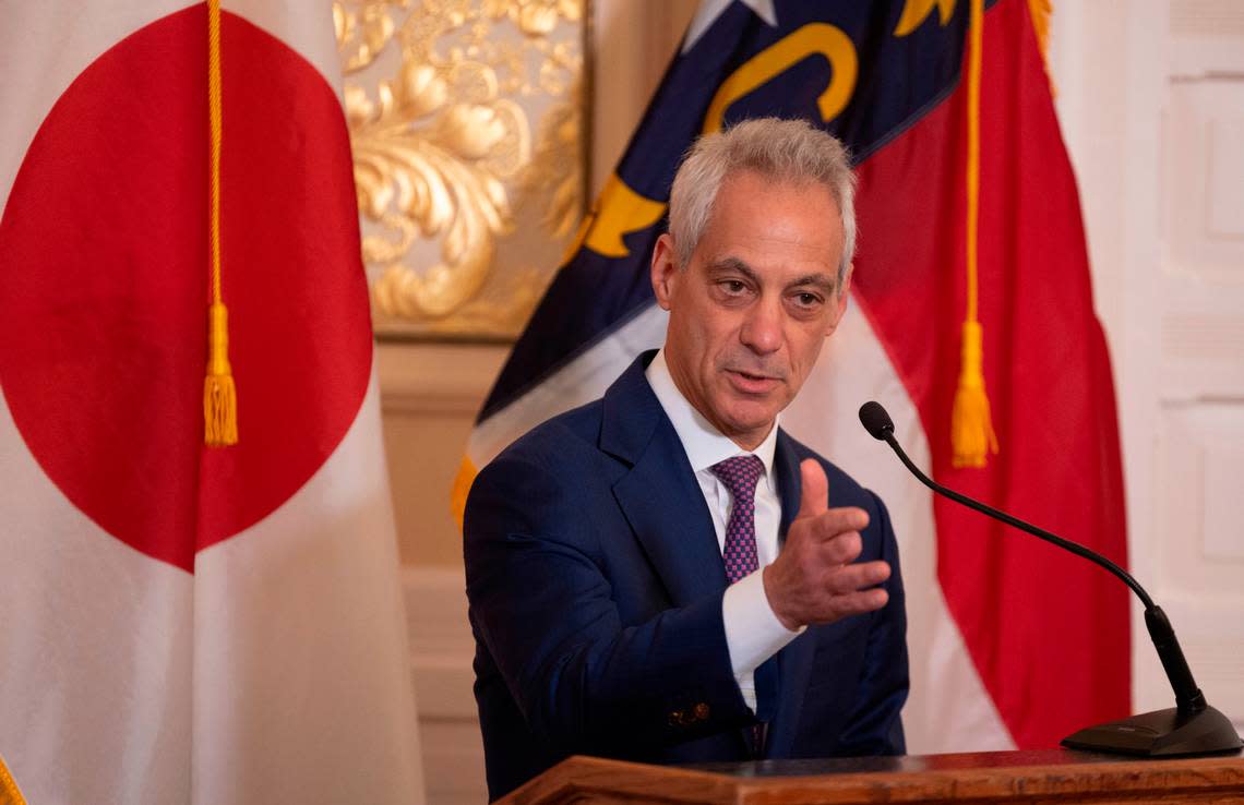 Rahm Emanuel, U.S. Ambassador to Japan, addresses a luncheon in honor of Japanese Prime Minister Fumio Kishida on Friday, April 12, 2024 at the Executive Mansion in Raleigh, N.C. Robert Willett/rwillett@newsobserver.com