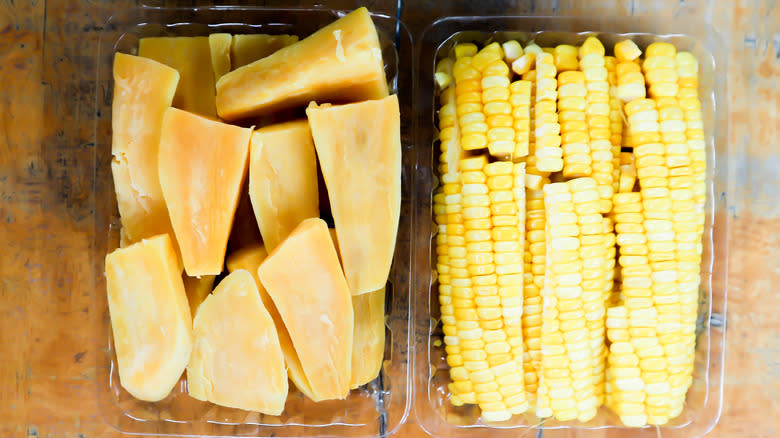 Sliced sweet potatoes and corn