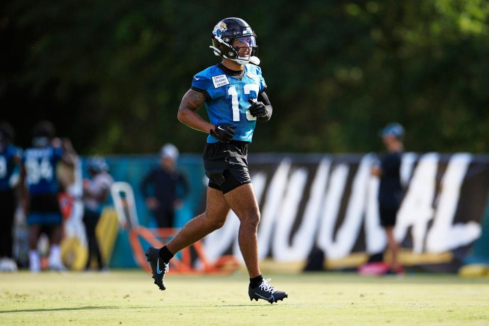 Jacksonville Jaguars wide receiver Christian Kirk (13) runs during day 2 of the Jaguars Training Camp Tuesday, July 26, 2022 at the Knight Sports Complex at Episcopal School of Jacksonville.