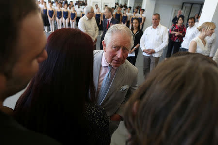 Britain's Prince Charles talks to people at Cuban dancer Carlos Acosta's dance studio in Havana, Cuba, March 25, 2019. REUTERS/Fernando Medina NO RESALES. NO ARCHIVE