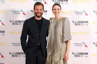 <p>Jamie Dornan and Caitriona Balfe hit the <i>Belfast</i> European premiere at the 65th BFI London Film Festival on Oct. 12 in London. </p>