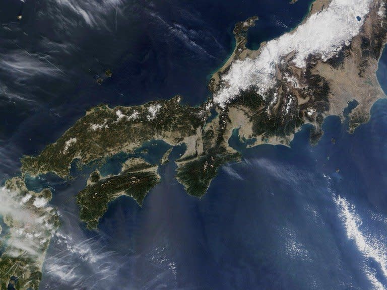 This NASA satellite image received on April 7, 2005 shows Shikoku island (bottom, left) western Japan. A huge layer of methane hydrate containing 1.1 trillion cubic metres in natural gas is believed to lie in the ocean floor off the coast of Shikoku, officials said