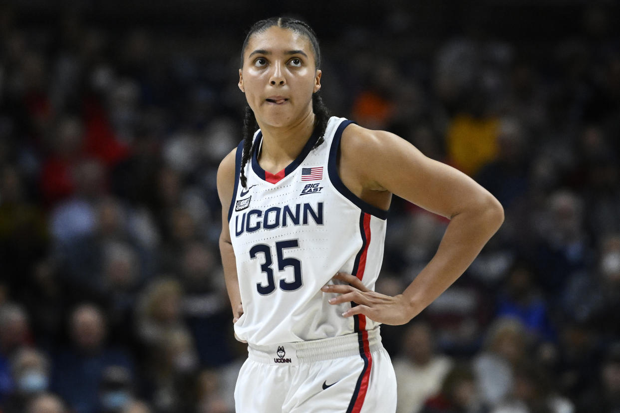 UConn's Azzi Fudd did not play in the second half of Sunday's matchup against Notre Dame after sustaining a minor injury. A short bench is already a problem for the Huskies. (AP Photo/Jessica Hill)