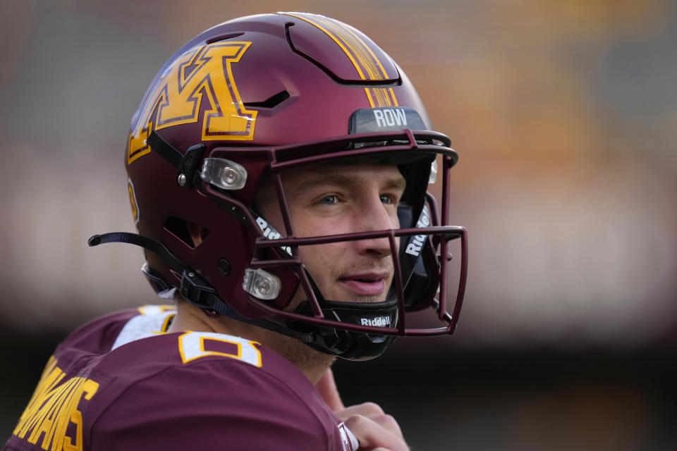 Minnesota quarterback Athan Kaliakmanis waits for the team's NCAA college football game against Nebraska, Thursday, Aug. 31, 2023, in Minneapolis. (AP Photo/Abbie Parr)