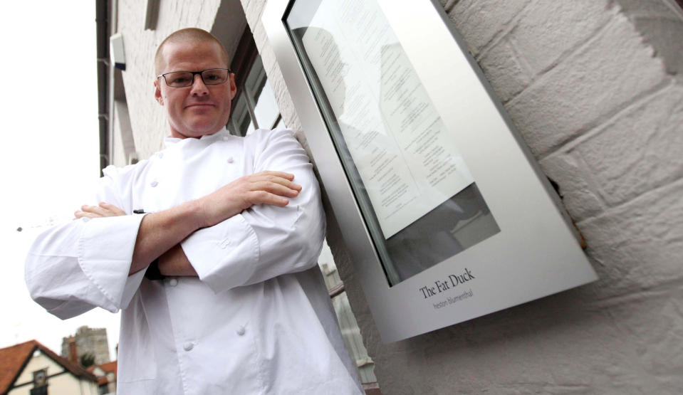 Heston Blumenthal poses for photographers outside his Fat Duck restaurant in Bray, Berkshire, after it re-opened today.   (Photo by Steve Parsons - PA Images/PA Images via Getty Images)