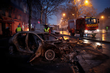 Protesters wearing yellow vests, a symbol of a French drivers' protest against higher diesel taxes, stand near a burned car during clashes near the Place de l'Etoile in Paris, France, December 1, 2018. REUTERS/Benoit Tessier