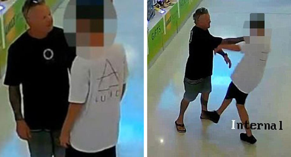 CCTV shows a Queensland teen attacked by tattooed man at Kawana Shoppingworld.