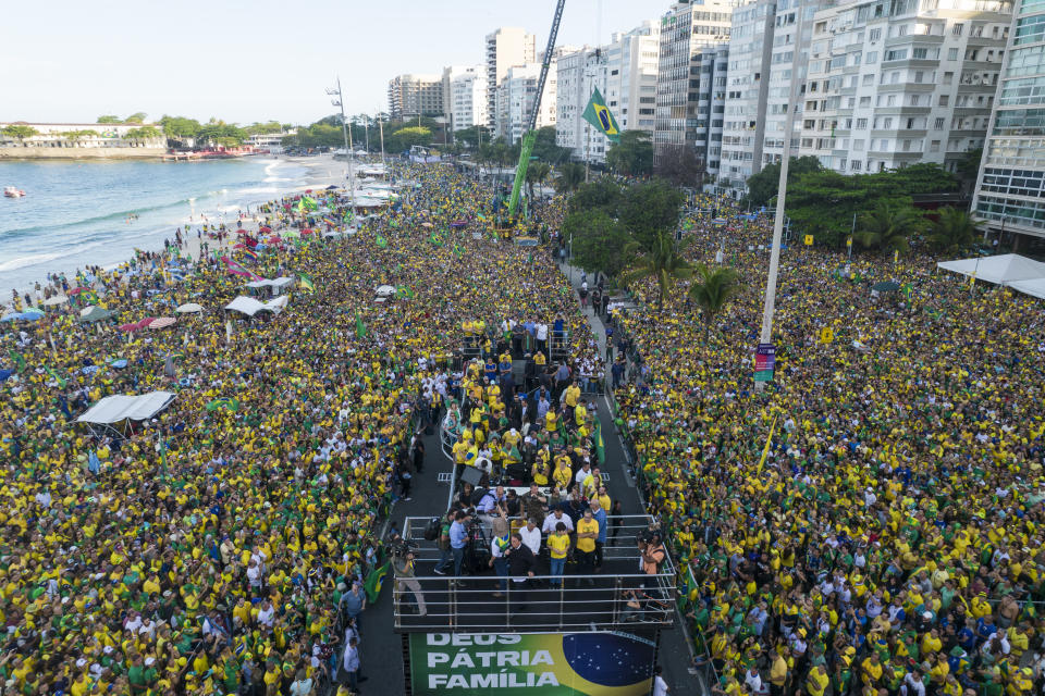 President Jair Bolsonaro delivers a speech to supporters at Copacabana beach during the independence bicentennial celebrations in Rio de Janeiro, Brazil, Wednesday, Sept. 7, 2022. (AP Photo/Rodrigo Abd)