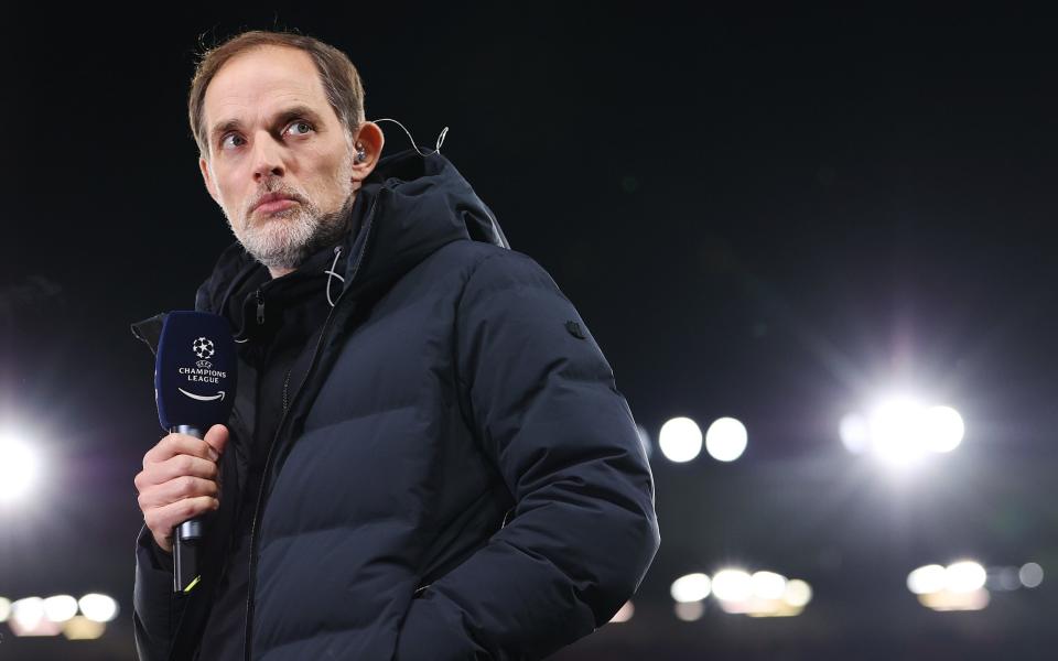 Thomas Tuchel, Head Coach of Bayern Munich, speaks to the media prior to the UEFA Champions League match between Manchester United and FC Bayern