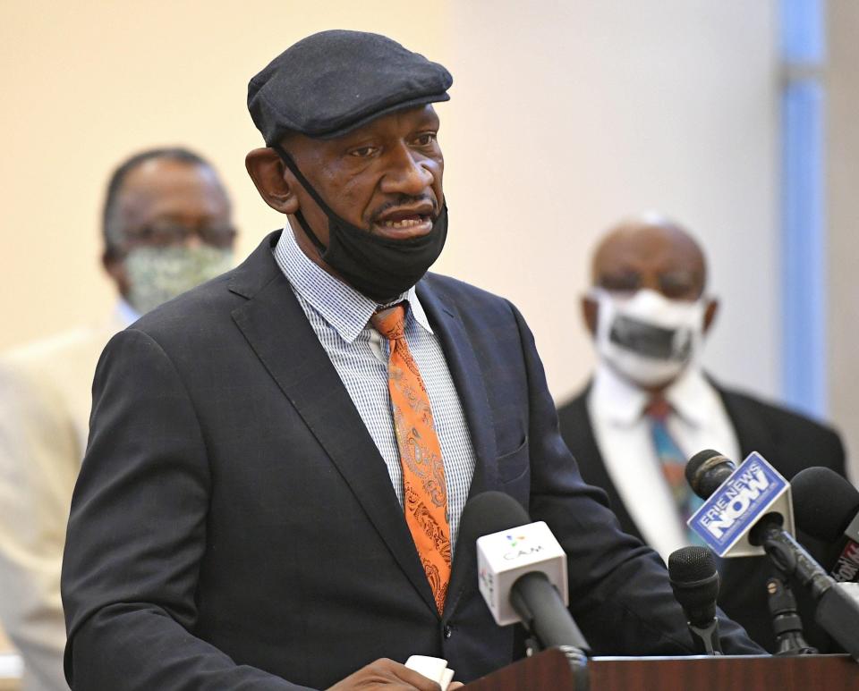 Daryl Craig speaks during a news conference, on July 9, 2020, in the Bagnoni Council Chambers at Erie City Hall. Craig, leader of the Blue Coats school safety team, and other community leaders discussed a COVID-19 information canvass project planned for the 16503 ZIP code on Erie's east side.