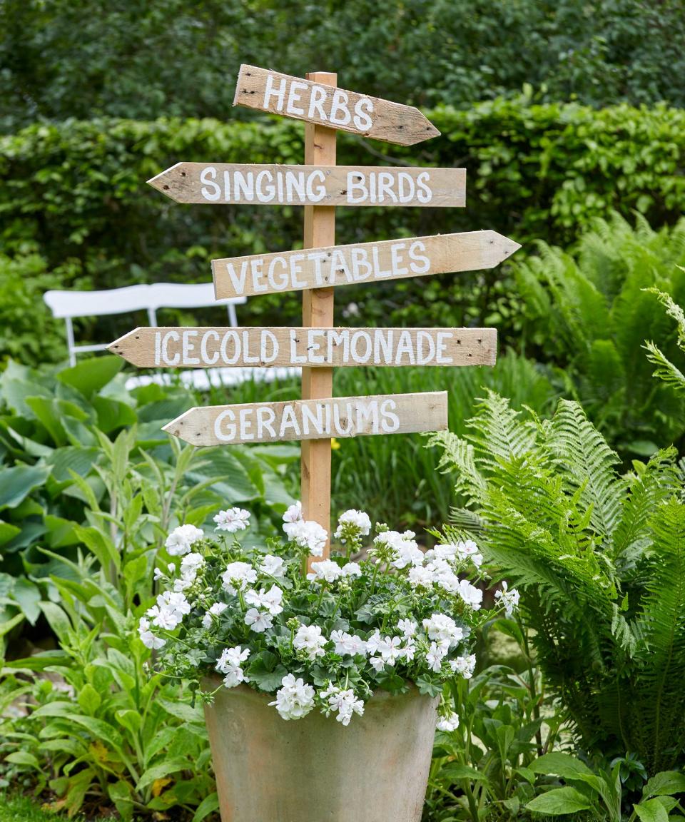 <p> A brilliant addition for your next garden party or just a fun way of prettying up your plot, this vintage-style signpost is easy to make using reclaimed timber. Or, if you're looking for pallet ideas for gardens, this is a perfect way to use up leftover pieces of wood. </p> <p> You'll need one long sturdy piece of wood to start with, which will act as the holding post. Make the pointer arrows from smaller pieces of wood, using a jigsaw or hand saw to cut points at one end of each piece. Decide on your wording and then paint these onto each arrow using weatherproof garden paint.  </p> <p> Finally, attach the arrows to the long post using a hammer and nails and firmly push the signpost into a sturdy planter or flower bed. </p>