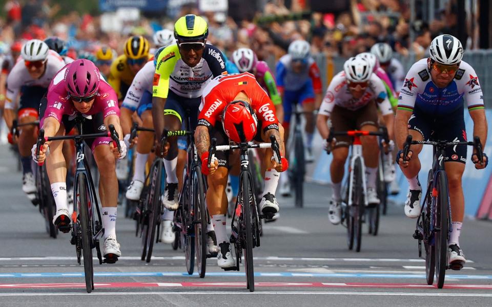 Arnaud Démare (left) pipped Caleb Ewan (centre) to the line, with Mark Cavendish finishing in third place - GETTY IMAGES