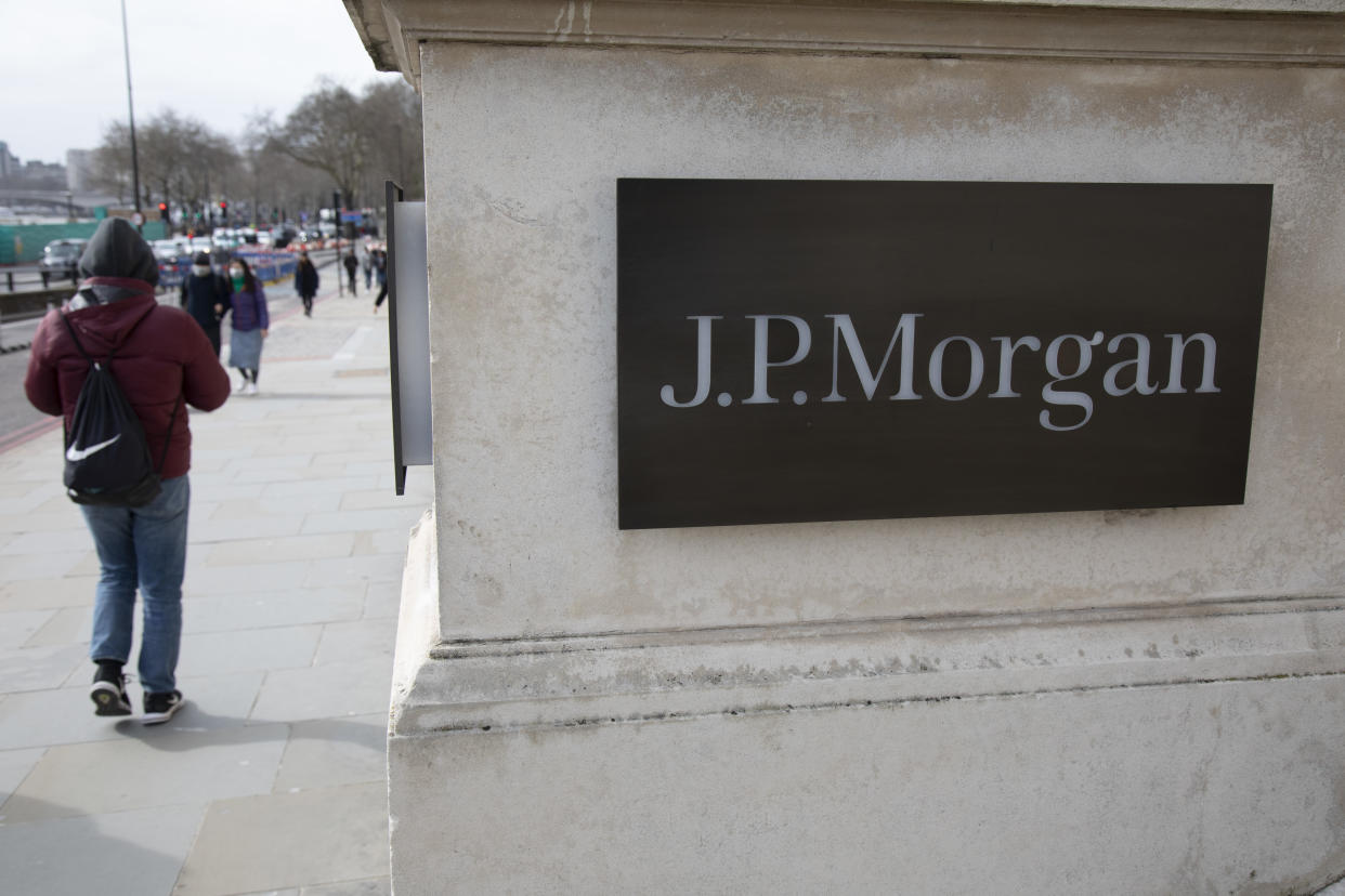 Sign for J.P. Morgan on 7th March 2020 in London, United Kingdom. JPMorgan Chase & Co. is an American multinational investment bank and financial services holding company headquartered in New York. JPMorgan Chase is ranked by S&P Global as the largest bank in the United States and the sixth largest bank in the world by total assets. (photo by Mike Kemp/In PIctures via Getty Images)