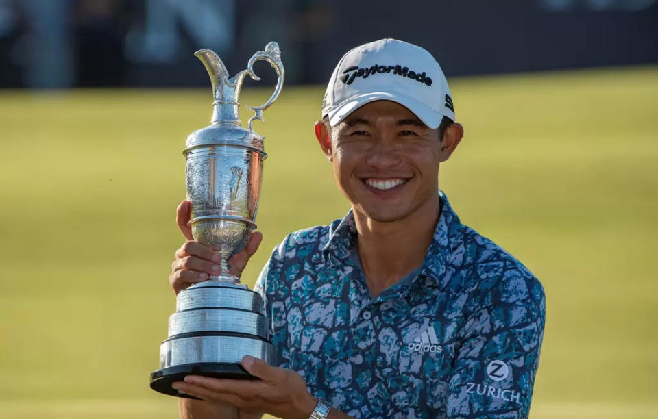 勞力士代言人森川柯林（COLLIN MORIKAWA）手捧葡萄酒壺獎盃（CLARET JUG），慶祝奪得2021年英國公開賽（THE OPEN）冠軍 。Rolex ／Chris Turvey提供