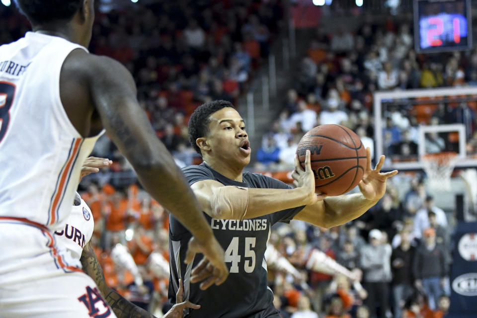 Iowa State guard Rasir Bolton (45) passes the ball during the first half of an NCAA college basketball game against Auburn Saturday, Jan. 25, 2020, in Auburn, Ala. (AP Photo/Julie Bennett)