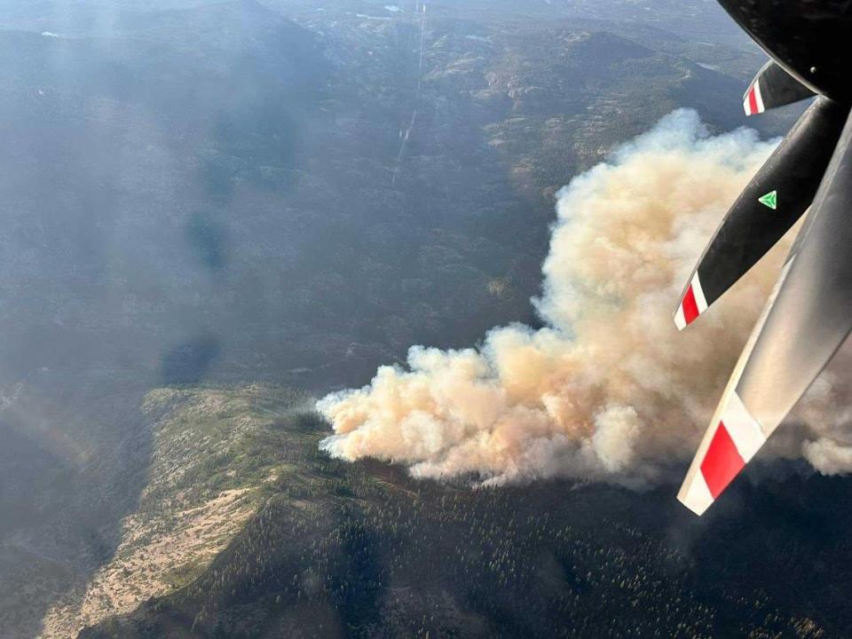 Smoke from the Royal Fire is seen from a Cal Fire aircraft over the Tahoe National Forest blaze. On Monday, July 8, 2024, the fire had grown to 169 acres.