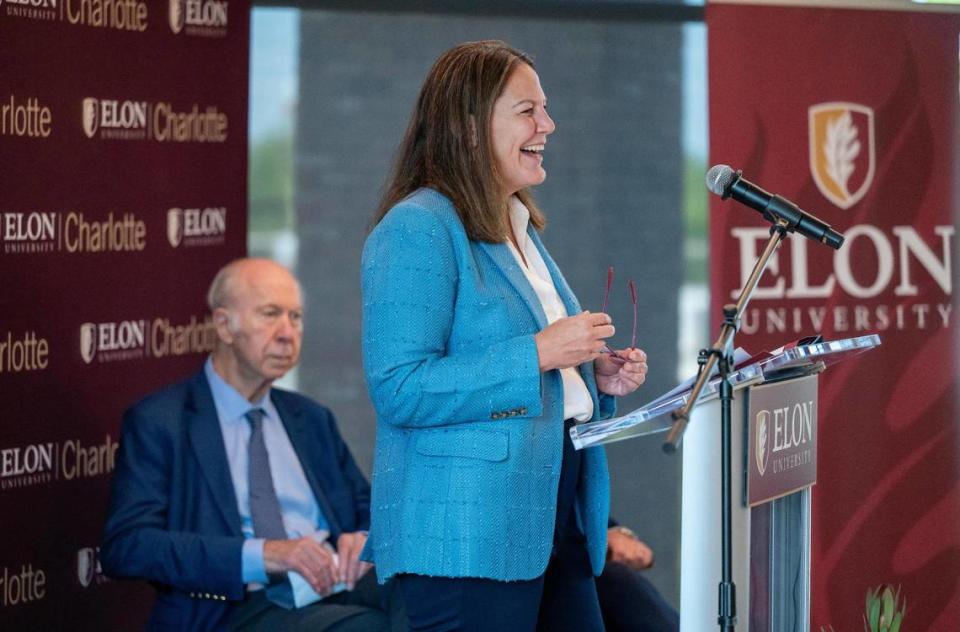 Elon University President Connie Ledoux Book at a 2023 news conference announcing the opening of the Charlotte regional law school. The university received accreditation for law classes in Charlotte to start in August.