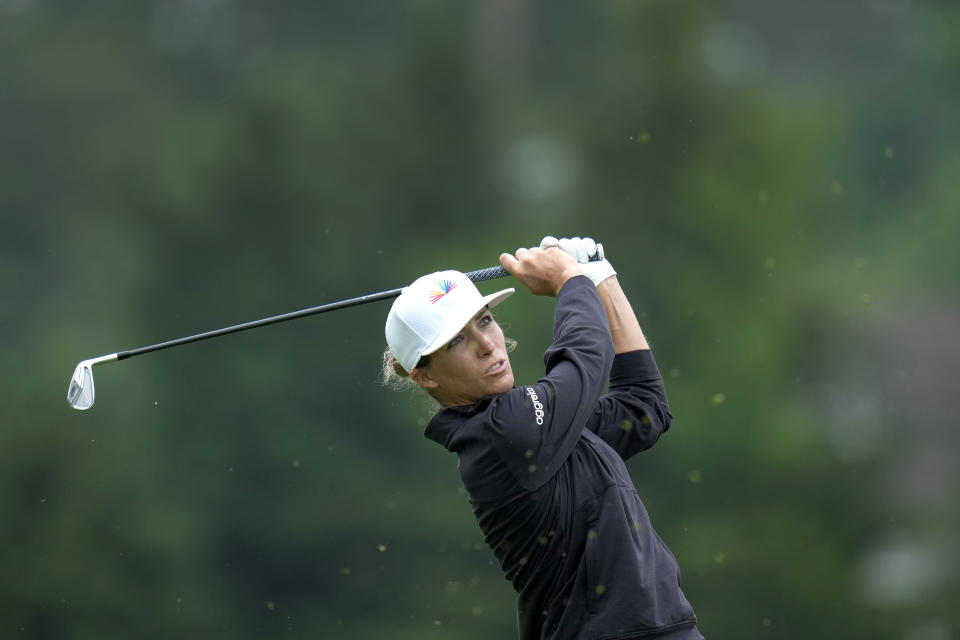 Mel Reid, of England, tees off on the fourth hole during the second round of the Women's PGA Championship golf tournament, Friday, June 23, 2023, in Springfield, N.J. (AP Photo/Seth Wenig)