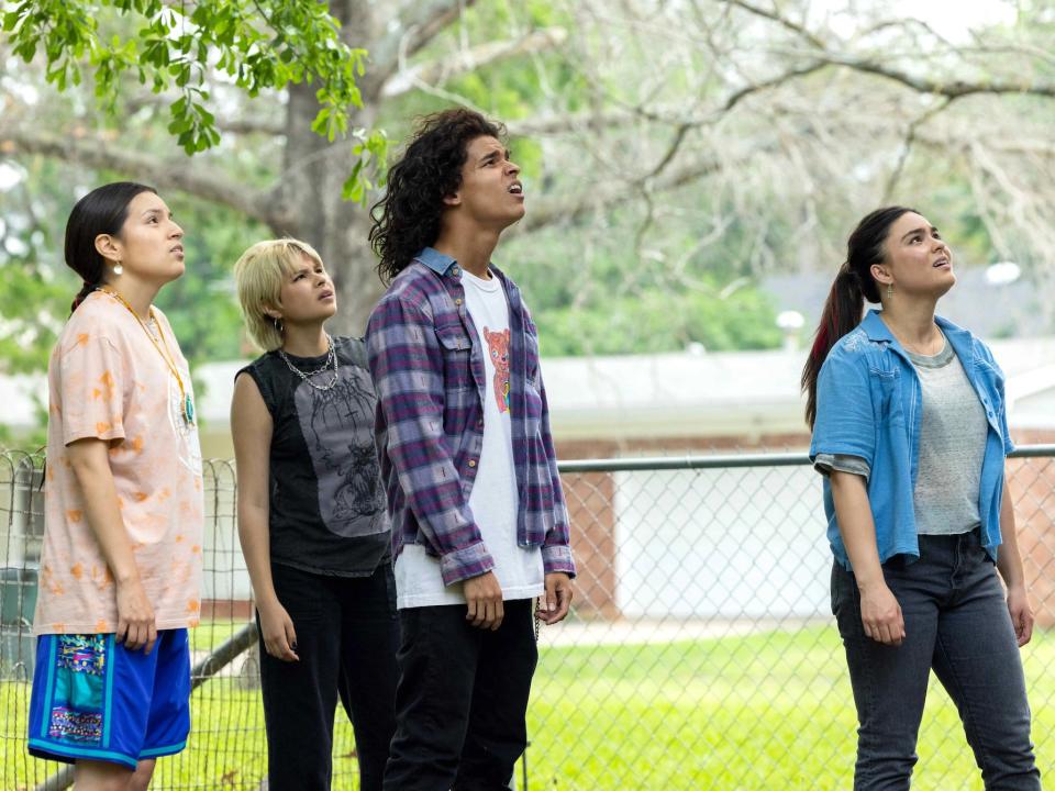 Paulina Alexis as Willie Jack and Elva Guerra as Jackie, D'Pharaoh Woon-A-Tai as Bear Smallhill, and Devery Jacobs as Elora Danan in "Reservation Dogs."