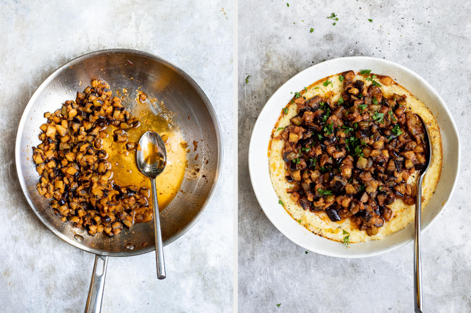 Eggplant being cooked in a plan and plated over polenta