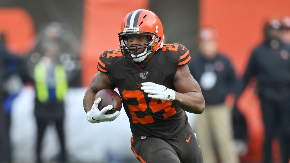 Mandatory Credit: Photo by David Richard/AP/Shutterstock (10501810b)Cleveland Browns running back Nick Chubb runs with the ball during an NFL football game against the Cincinnati Bengals, in Cleveland.