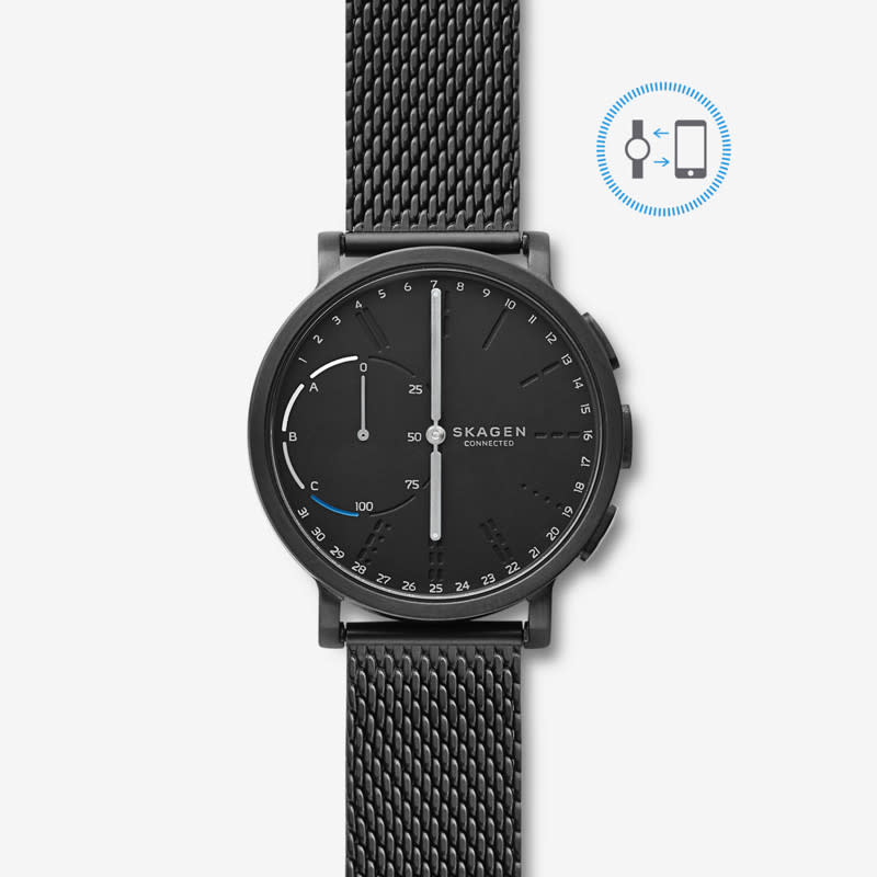 <p>Skagen’s Hagen connected steel-mesh hybrid smartwatch, $225. Available on <a rel="nofollow noopener" href="http://www.skagen.com/us/en/men/watches/new-arrivals/hagen-connected-steel-mesh-hybrid-smartwatch-pdpskt1109p.html?referer=productlisting" target="_blank" data-ylk="slk:skagen.com;elm:context_link;itc:0;sec:content-canvas" class="link ">skagen.com</a> </p>