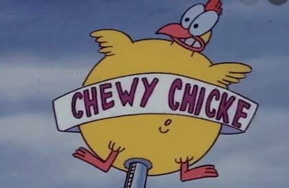 The Chewy Chicken sign — a large chicken with "Chewy Chicken" in a banner across its middle