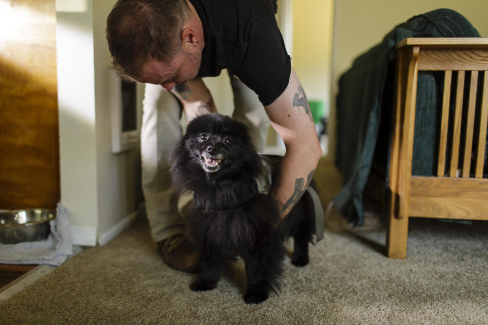 Hooper puts a vest on Bear, his 5-year-old Schipperke mix and licensed emotional support animal. Of owning a gun, he says,&nbsp;&ldquo;Better to have it and not need it than to need it and not have it.&rdquo; (Photo: Leah Nash for HuffPost)