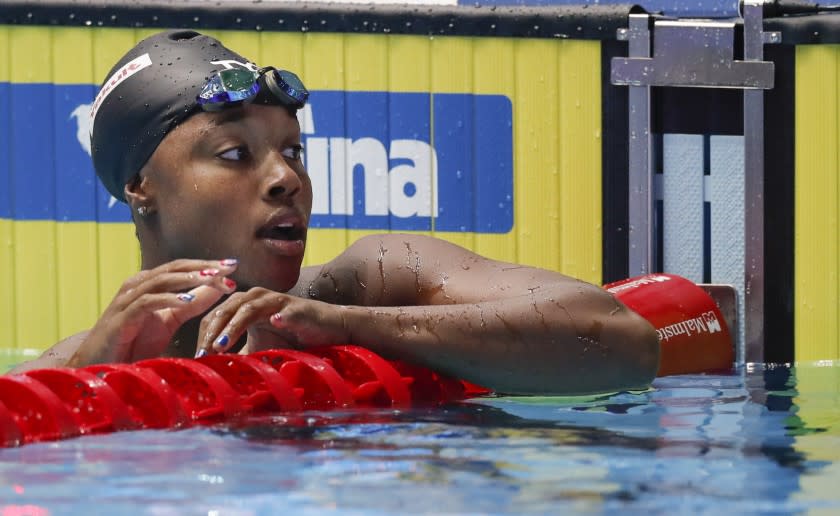 United States' Simone Manuel reacts after winning the women's 50m freestyle final at the World Swimming Championships in Gwangju, South Korea, Sunday, July 28, 2019. (AP Photo/Lee Jin-man)