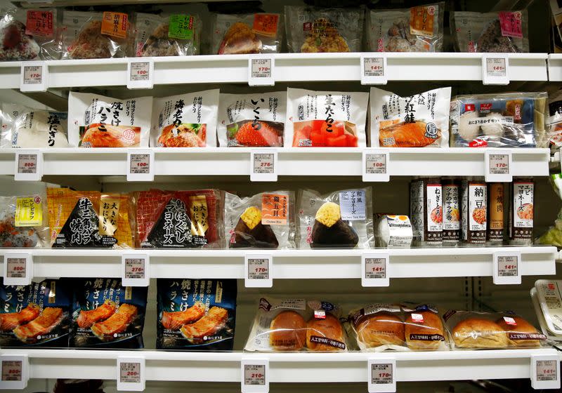 FILE PHOTO: Food products are displayed at Lawson Open Innovation center during an event introducing its next-generation convenience store model in Tokyo