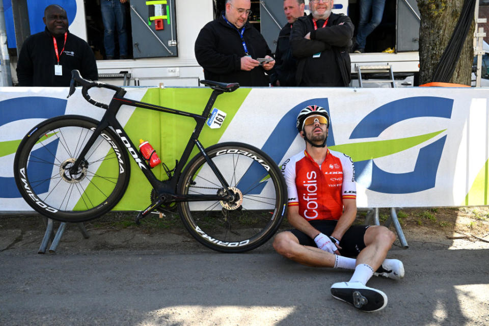 HUY BELGIUM  APRIL 19 Jess Herrada of Spain and Team Cofidis reacts after the 87th La Fleche Wallonne 2023 Mens Elite a 1943km one day race from Herve to Mur de Huy  UCIWT  on April 19 2023 in Huy Belgium Photo by Luc ClaessenGetty Images