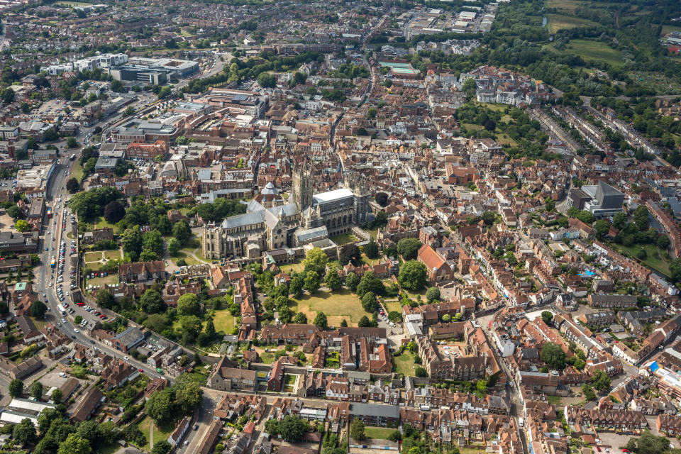 KENT, UNITED KINGDOM. JULY 2017. Aerial photograph of Canterbury Cathedral and the town centre on July 18th, 2017. This World Heritage Site dates back to 1070 it is located in the centre of Canterbury, 53 miles East Southeast of London, 14 miles West of the English Channel. (Photograph by David Goddard/Getty Images)
