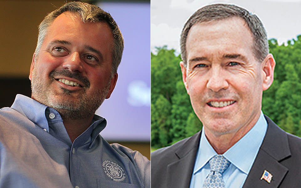 James Debney, CEO of Smith &amp; Wesson (left) and Christopher Killoy, CEO of Sturm, Ruger &amp; Co. (right), live miles apart in a tiny conservative town in Massachusetts. Their companies now manufacture more than one-third of all guns made in the U.S. (Photo: Getty Images/Ruger press release)