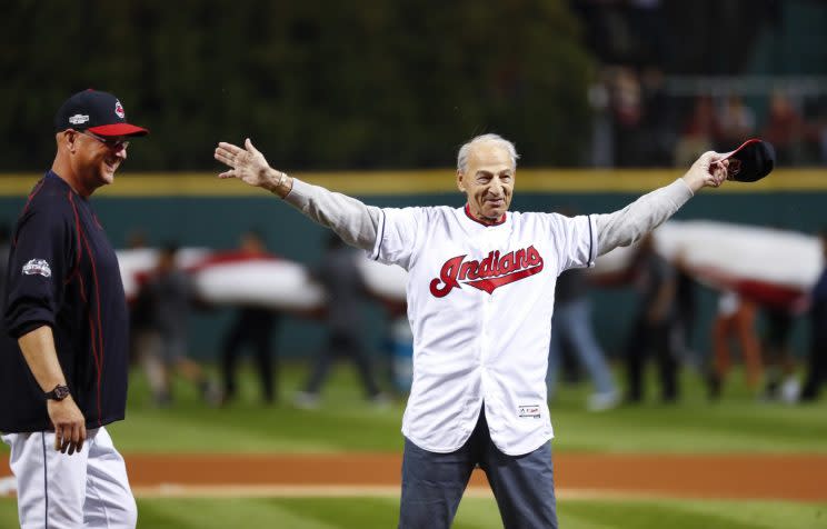 Terry Francona's father Tito threw out the first pitch prior to Thursday's ALDS. (AP Images/Paul Sancya, Pool)