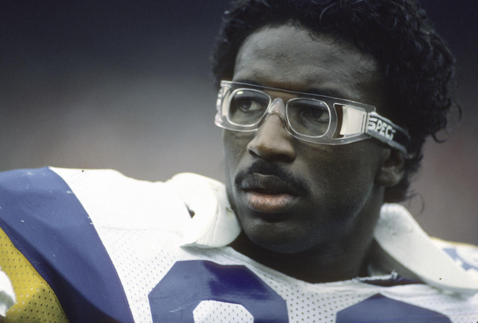 UNSPECIFIED - CIRCA 1986:  Eric Dickerson #29 of the Los Angeles Rams looks on during an NFL football game circa 1986. Dickerson played for the Rams from 1983-87 (Photo by Focus on Sport/Getty Images)