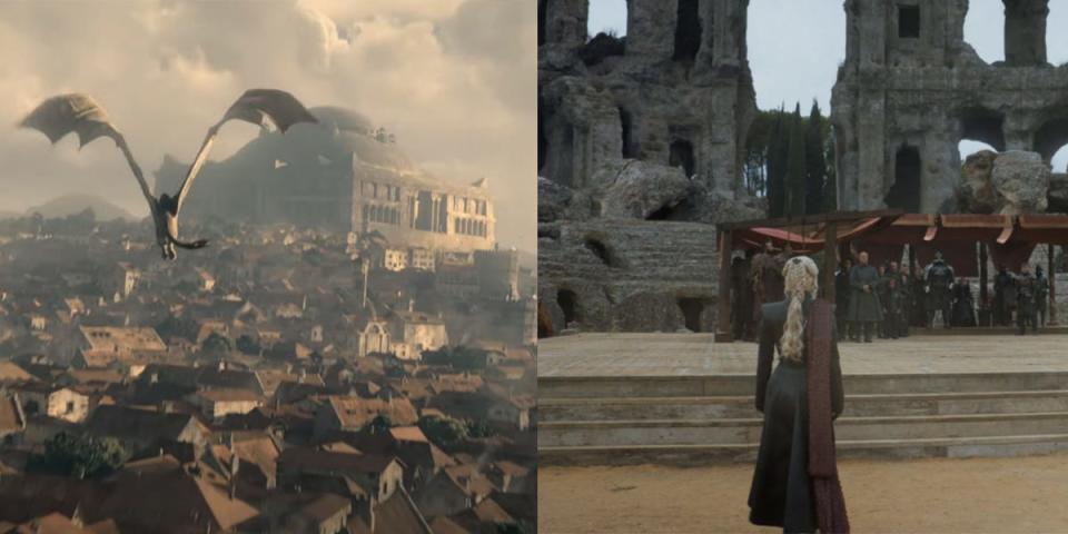 The dragonpit in King Viserys' time (left) and the dragonpit ruins almost 200 years later in "Game of Thrones" season seven.