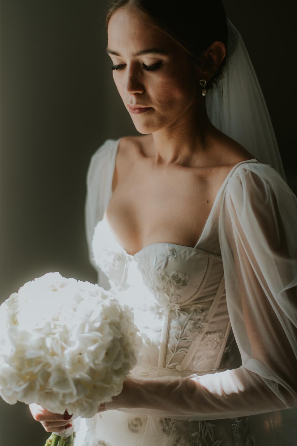 The Bride Wore Feathers for Her Civil Ceremony in London, and a Dress Embroidered With Peonies to Her Micro-Wedding in Portugal