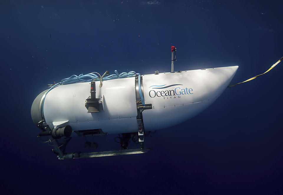 This photo provided by OceanGate Expeditions shows a submersible vessel named Titan used to visit the wreckage site of the Titanic. In a race against the clock on the high seas, an expanding international armada of ships and airplanes searched Tuesday, June 20, 2023, for the submersible that vanished in the North Atlantic while taking five people down to the wreck of the Titanic. (OceanGate Expeditions via AP)