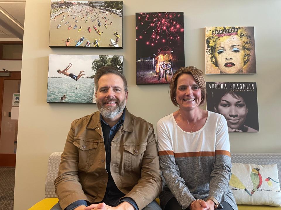 Charles Raski and Jennifer Nichols five weeks post-op at the Times Herald office on May 1, 2023.