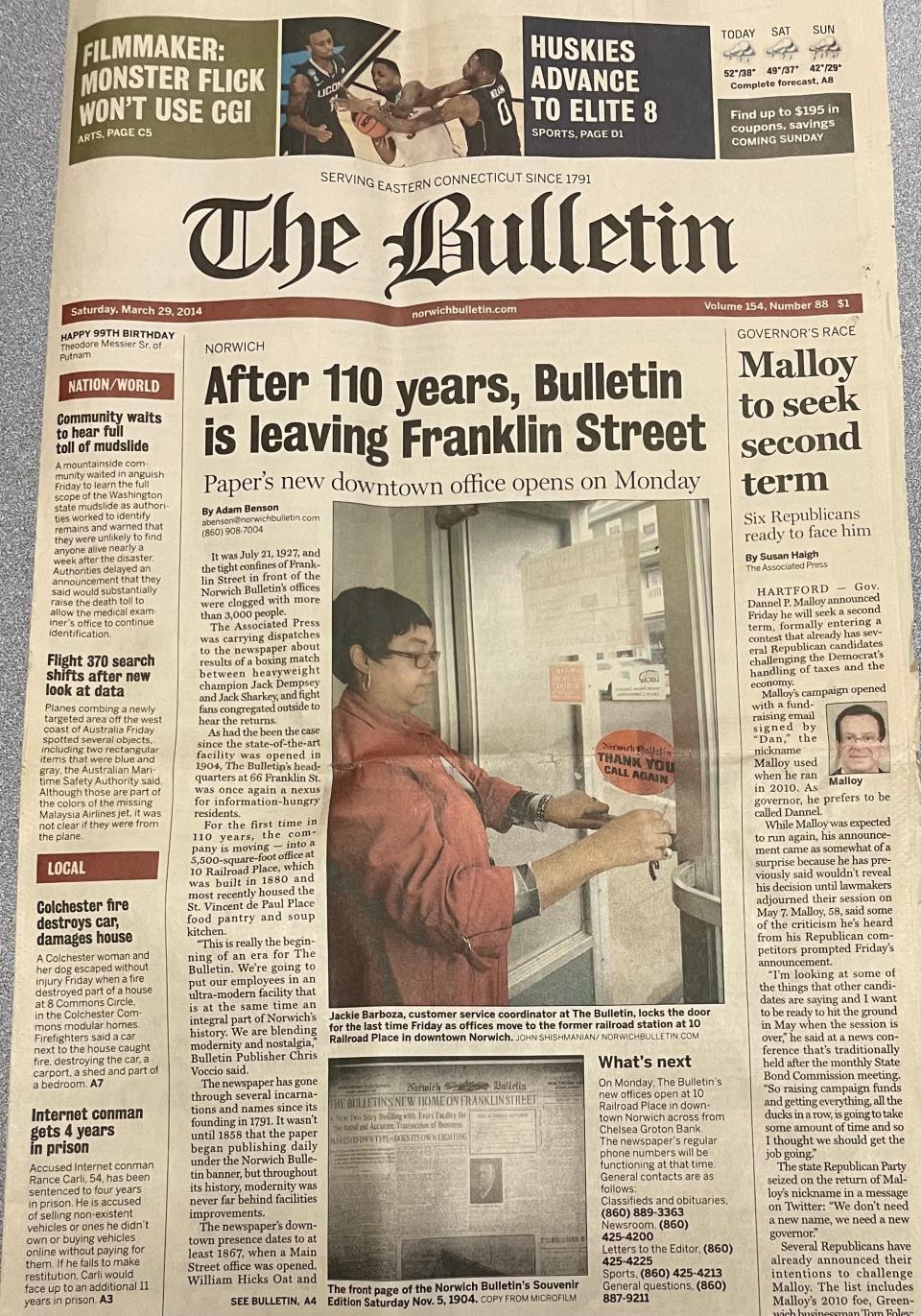The front page that announced The Bulletin was leaving 66 Franklin St. in 2014.
