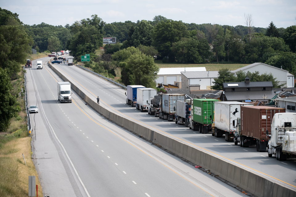 Traffic was backed up on I-83 near Shrewsbury Monday afternoon, June 5, 2023, as police sought a suspect in a Springettsbury Township armed robbery. Police said the suspect was in custody.