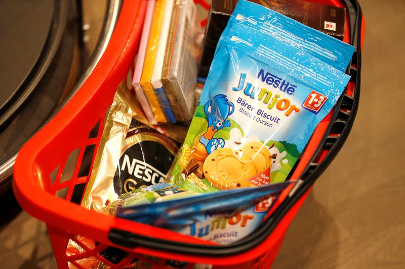 FILE PHOTO: Shopping bag with Nestle products is pictured in the supermarket of Nestle headquarters in Vevey